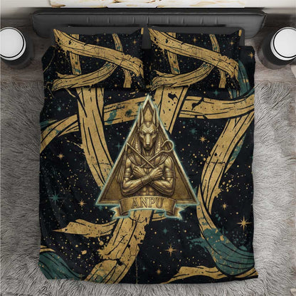 Anubis Ancient Egyptian Bedding Set with Starry Mummy Wrap Pattern, Anubis Warrior Illustration, and Pyramid - African Pride