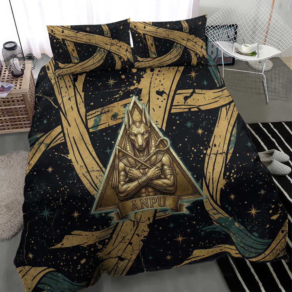 Anubis Ancient Egyptian Bedding Set with Starry Mummy Wrap Pattern, Anubis Warrior Illustration, and Pyramid - African Pride