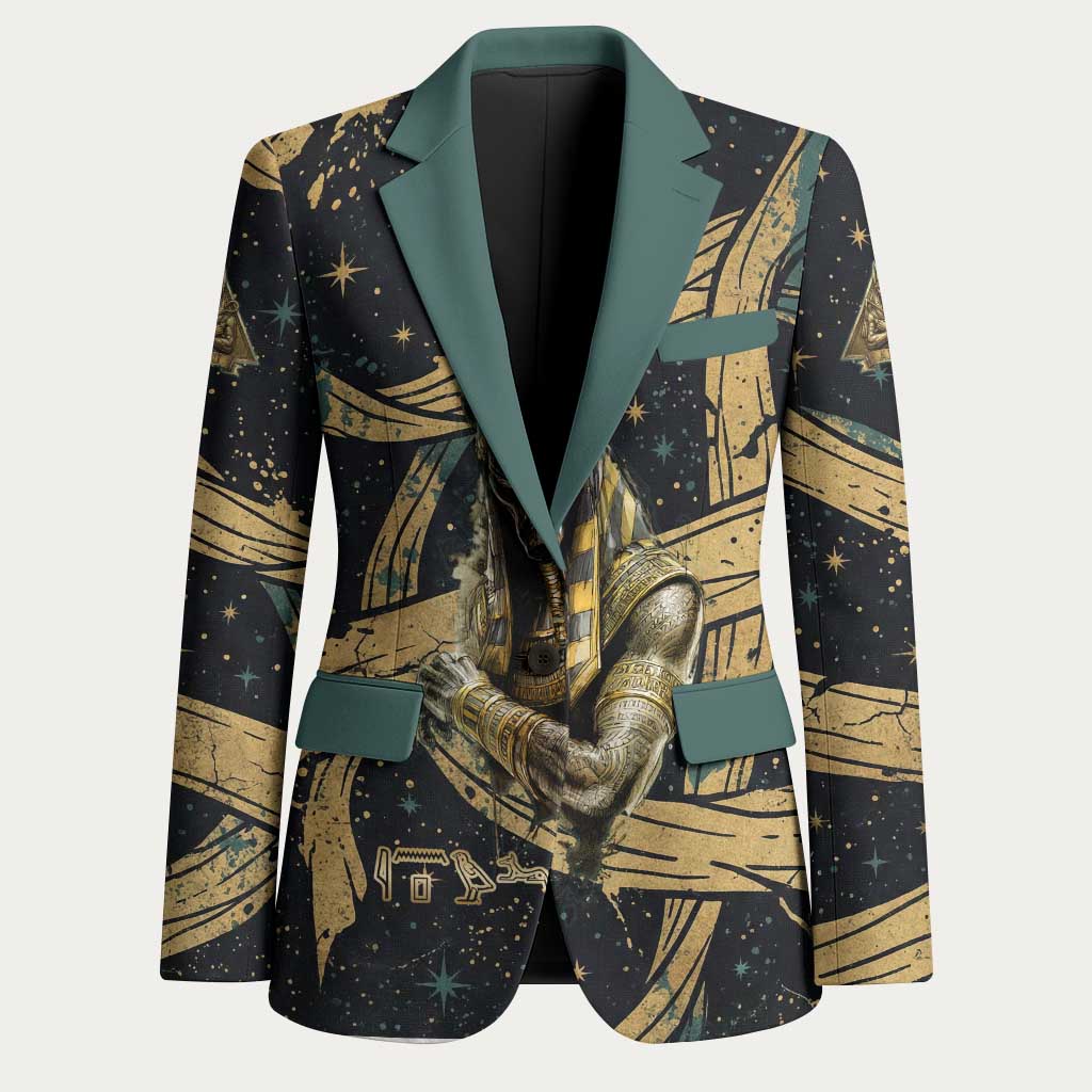 Anubis Ancient Egyptian Blazer with Starry Mummy Wrap Pattern, Anubis Warrior Illustration, and Pyramid - African Pride