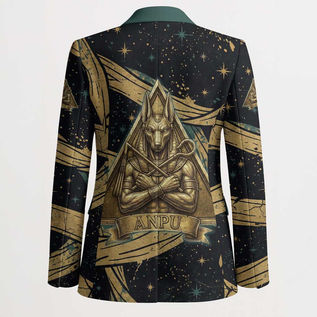 Anubis Ancient Egyptian Blazer with Starry Mummy Wrap Pattern, Anubis Warrior Illustration, and Pyramid - African Pride