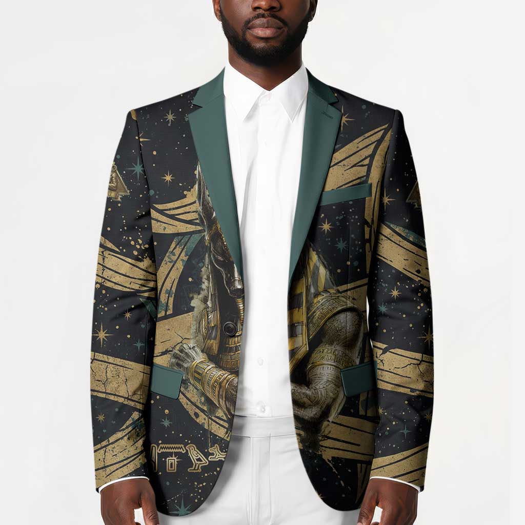 Anubis Ancient Egyptian Blazer with Starry Mummy Wrap Pattern, Anubis Warrior Illustration, and Pyramid - African Pride