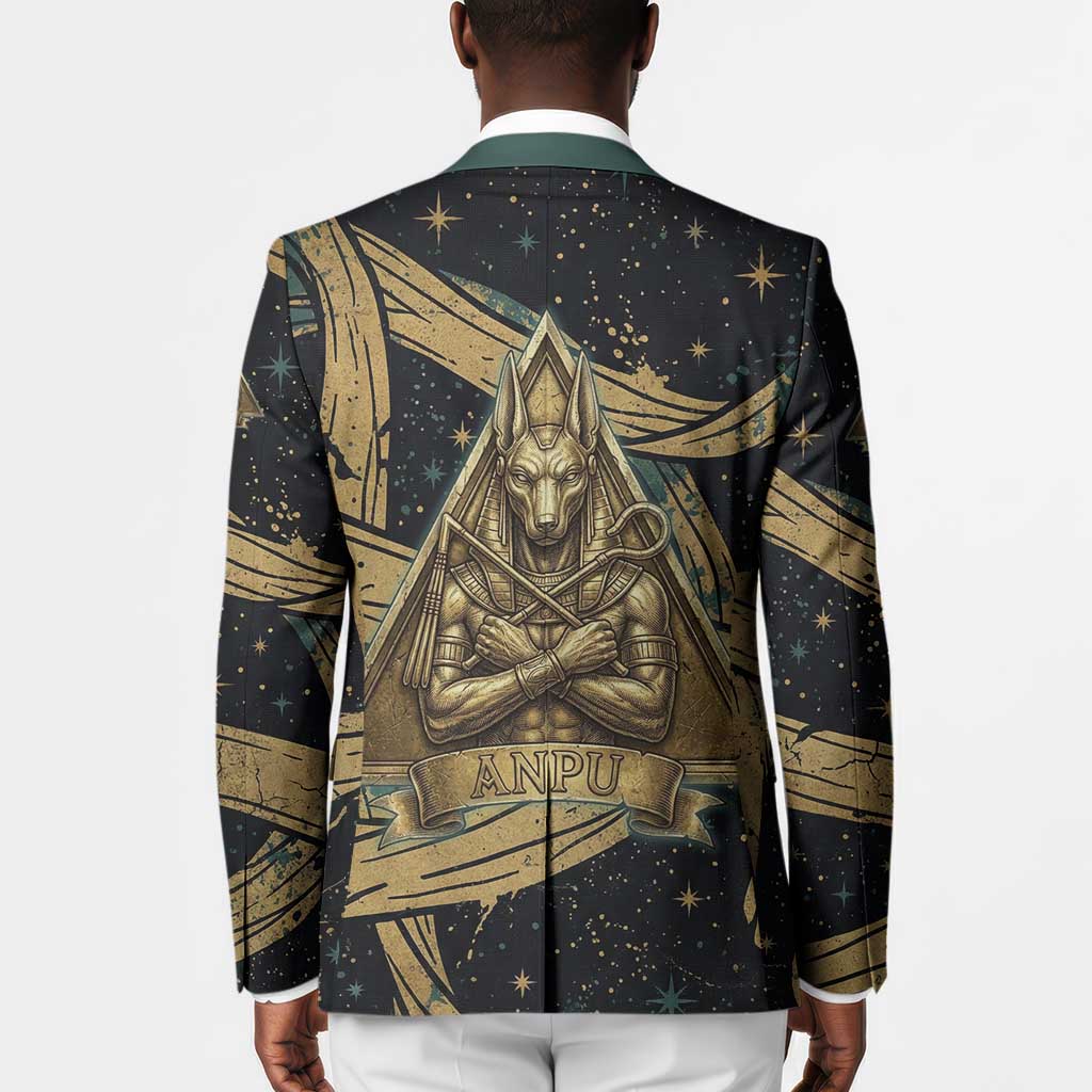 Anubis Ancient Egyptian Blazer with Starry Mummy Wrap Pattern, Anubis Warrior Illustration, and Pyramid - African Pride