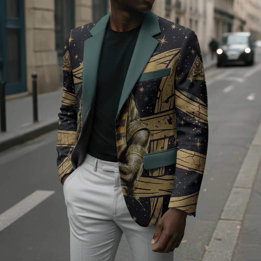 Anubis Ancient Egyptian Blazer with Starry Mummy Wrap Pattern, Anubis Warrior Illustration, and Pyramid - African Pride