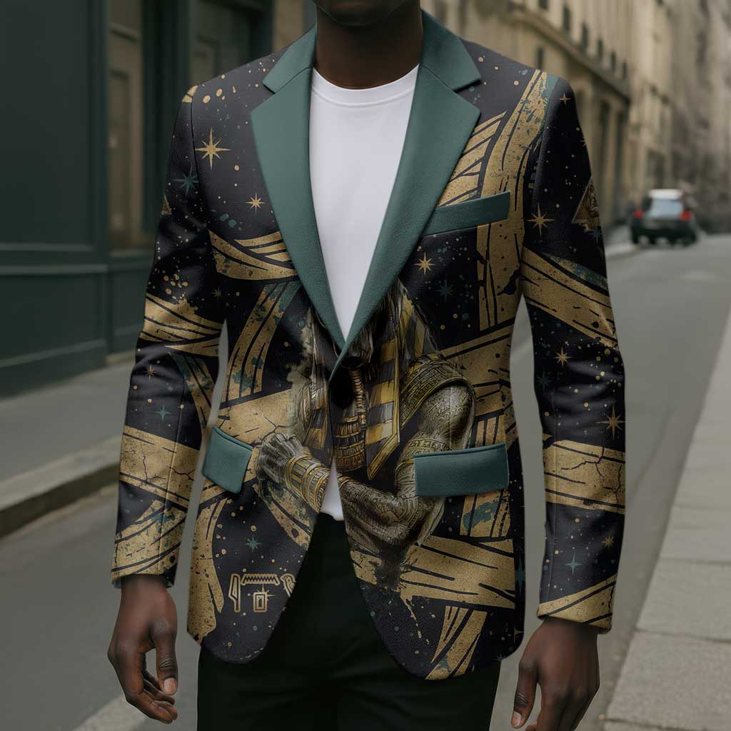 Anubis Ancient Egyptian Blazer with Starry Mummy Wrap Pattern, Anubis Warrior Illustration, and Pyramid - African Pride