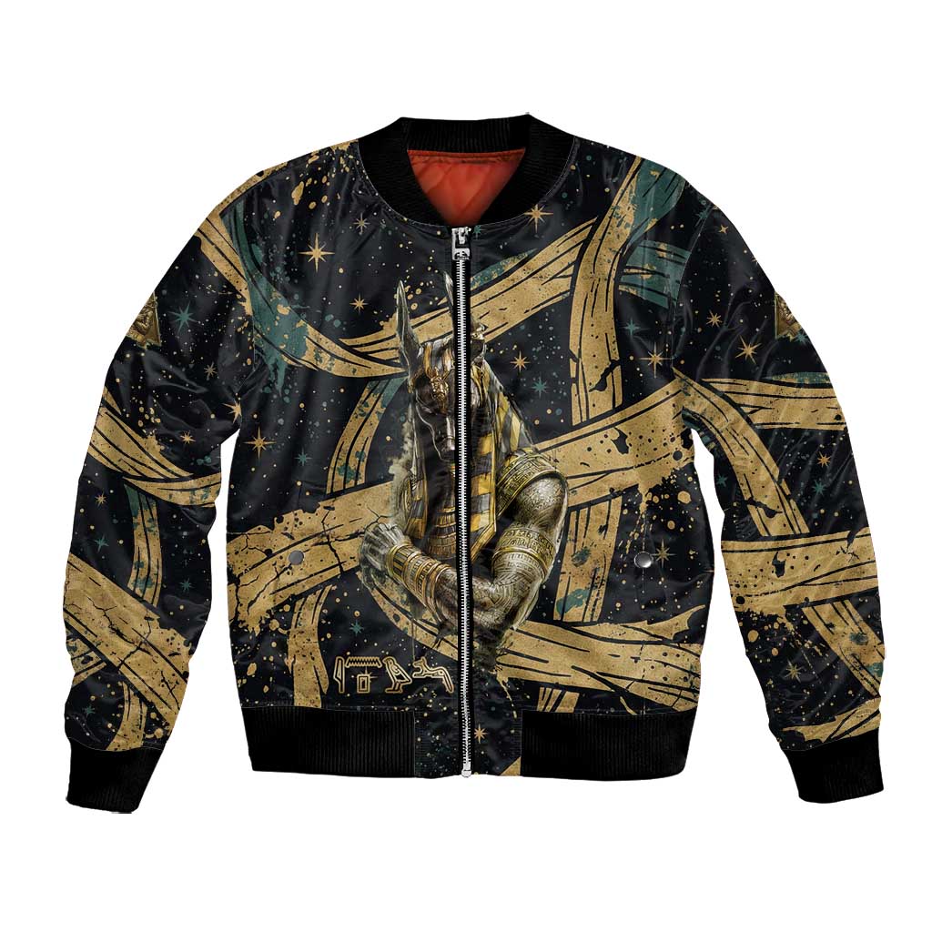 Anubis Ancient Egyptian Bomber Jacket with Starry Mummy Wrap Pattern, Anubis Warrior Illustration, and Pyramid - African Pride