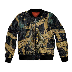 Anubis Ancient Egyptian Bomber Jacket with Starry Mummy Wrap Pattern, Anubis Warrior Illustration, and Pyramid - African Pride