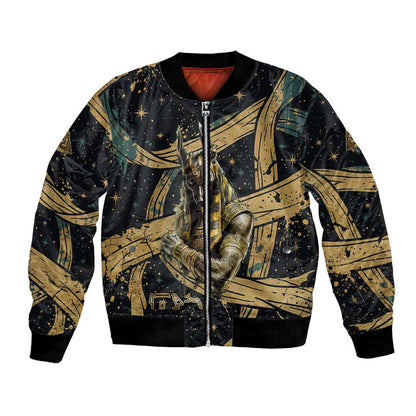 Anubis Ancient Egyptian Bomber Jacket with Starry Mummy Wrap Pattern, Anubis Warrior Illustration, and Pyramid - African Pride
