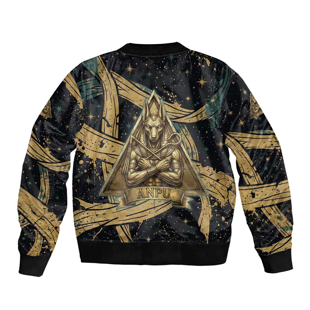Anubis Ancient Egyptian Bomber Jacket with Starry Mummy Wrap Pattern, Anubis Warrior Illustration, and Pyramid - African Pride