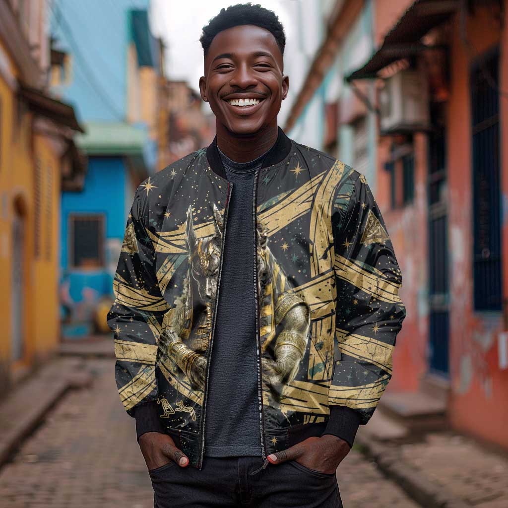 Anubis Ancient Egyptian Bomber Jacket with Starry Mummy Wrap Pattern, Anubis Warrior Illustration, and Pyramid - African Pride
