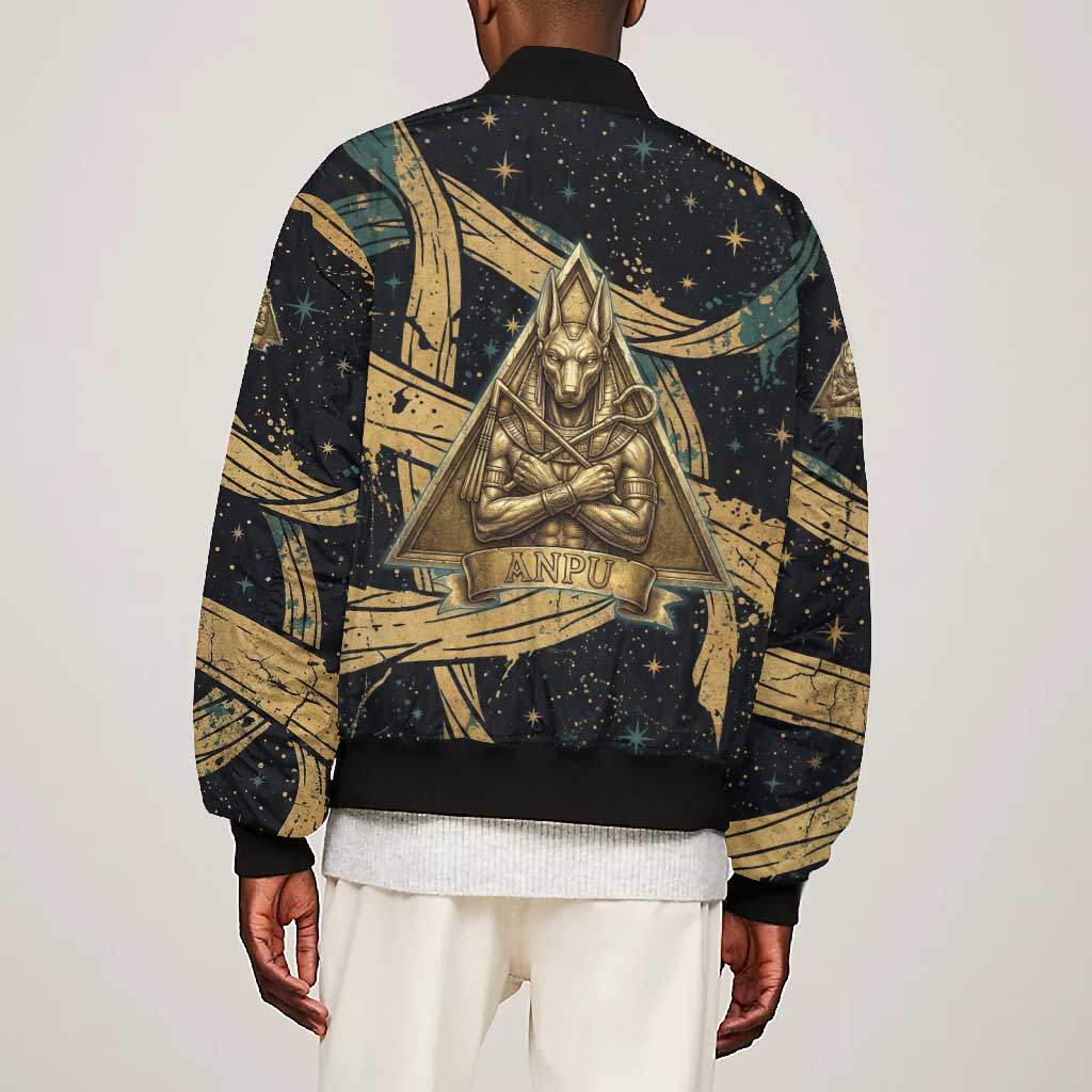 Anubis Ancient Egyptian Bomber Jacket with Starry Mummy Wrap Pattern, Anubis Warrior Illustration, and Pyramid - African Pride