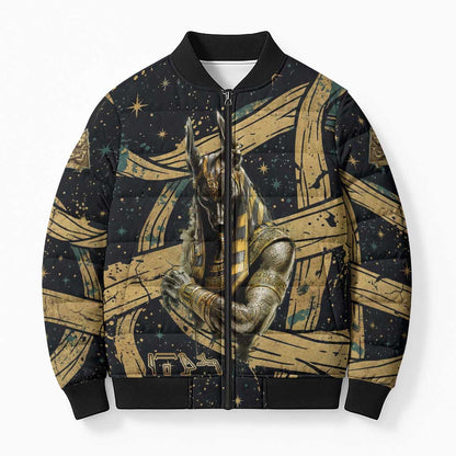 Anubis Ancient Egyptian Bomber Puffer Jacket with Starry Mummy Wrap Pattern, Anubis Warrior Illustration, and Pyramid - African Pride