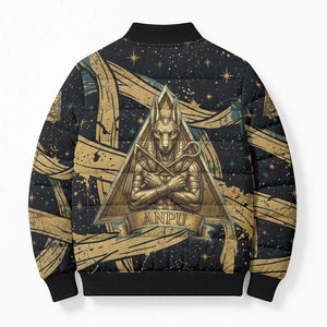 Anubis Ancient Egyptian Bomber Puffer Jacket with Starry Mummy Wrap Pattern, Anubis Warrior Illustration, and Pyramid - African Pride