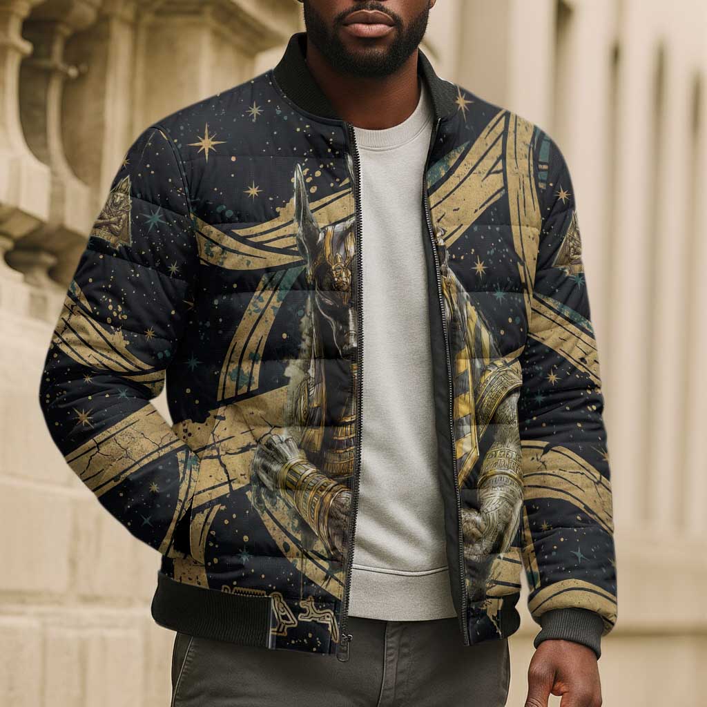 Anubis Ancient Egyptian Bomber Puffer Jacket with Starry Mummy Wrap Pattern, Anubis Warrior Illustration, and Pyramid - African Pride