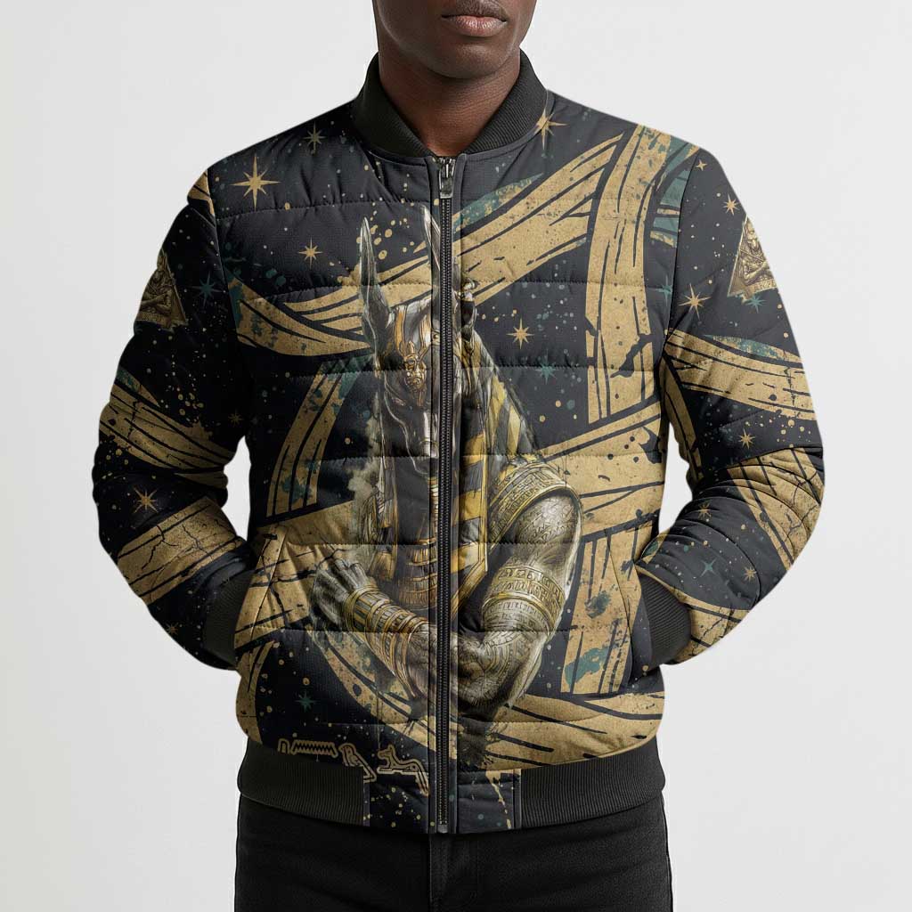 Anubis Ancient Egyptian Bomber Puffer Jacket with Starry Mummy Wrap Pattern, Anubis Warrior Illustration, and Pyramid - African Pride