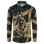 Anubis Ancient Egyptian Button Sweatshirt with Starry Mummy Wrap Pattern, Anubis Warrior Illustration, and Pyramid