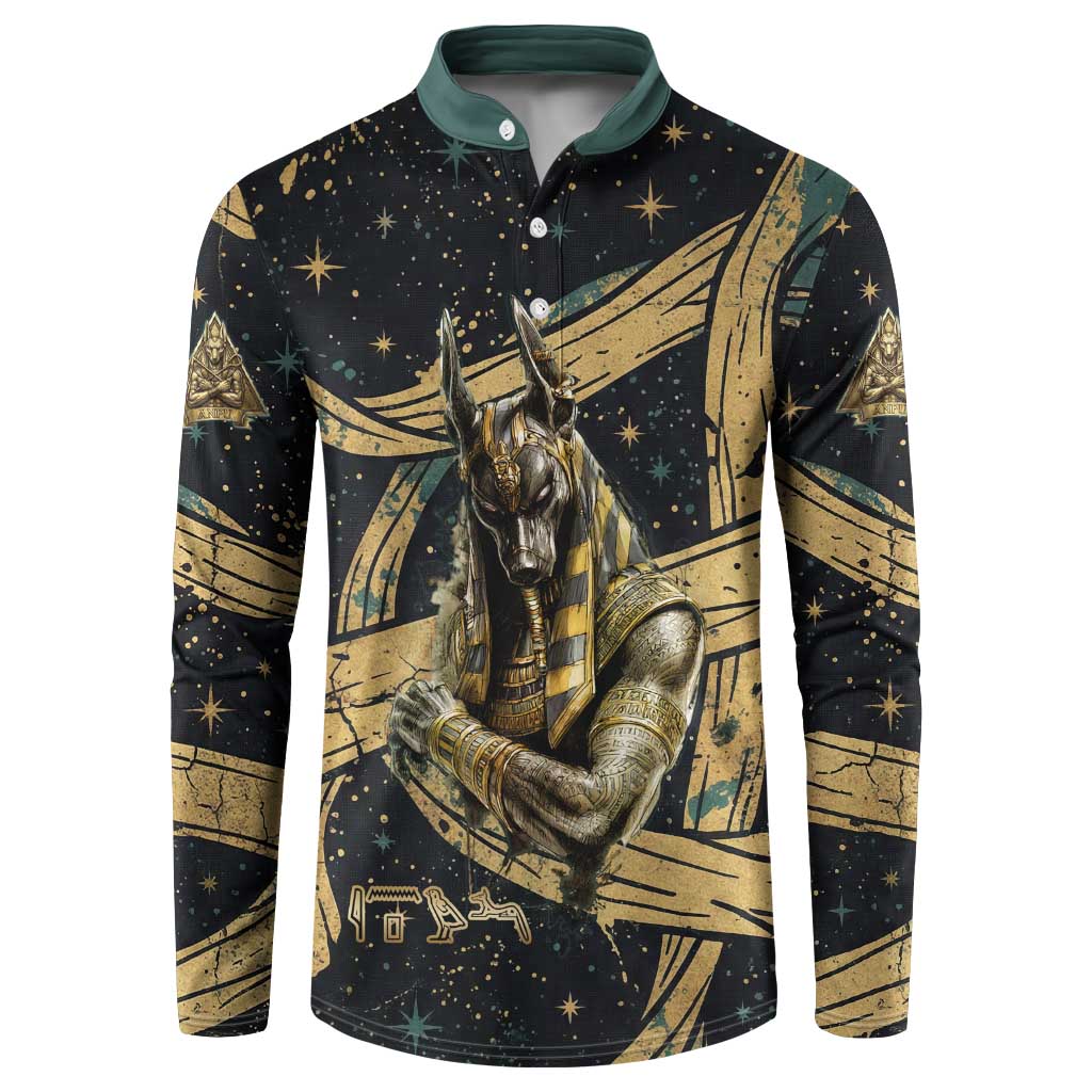 Anubis Ancient Egyptian Button Sweatshirt with Starry Mummy Wrap Pattern, Anubis Warrior Illustration, and Pyramid