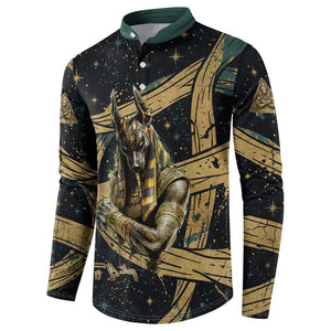 Anubis Ancient Egyptian Button Sweatshirt with Starry Mummy Wrap Pattern, Anubis Warrior Illustration, and Pyramid