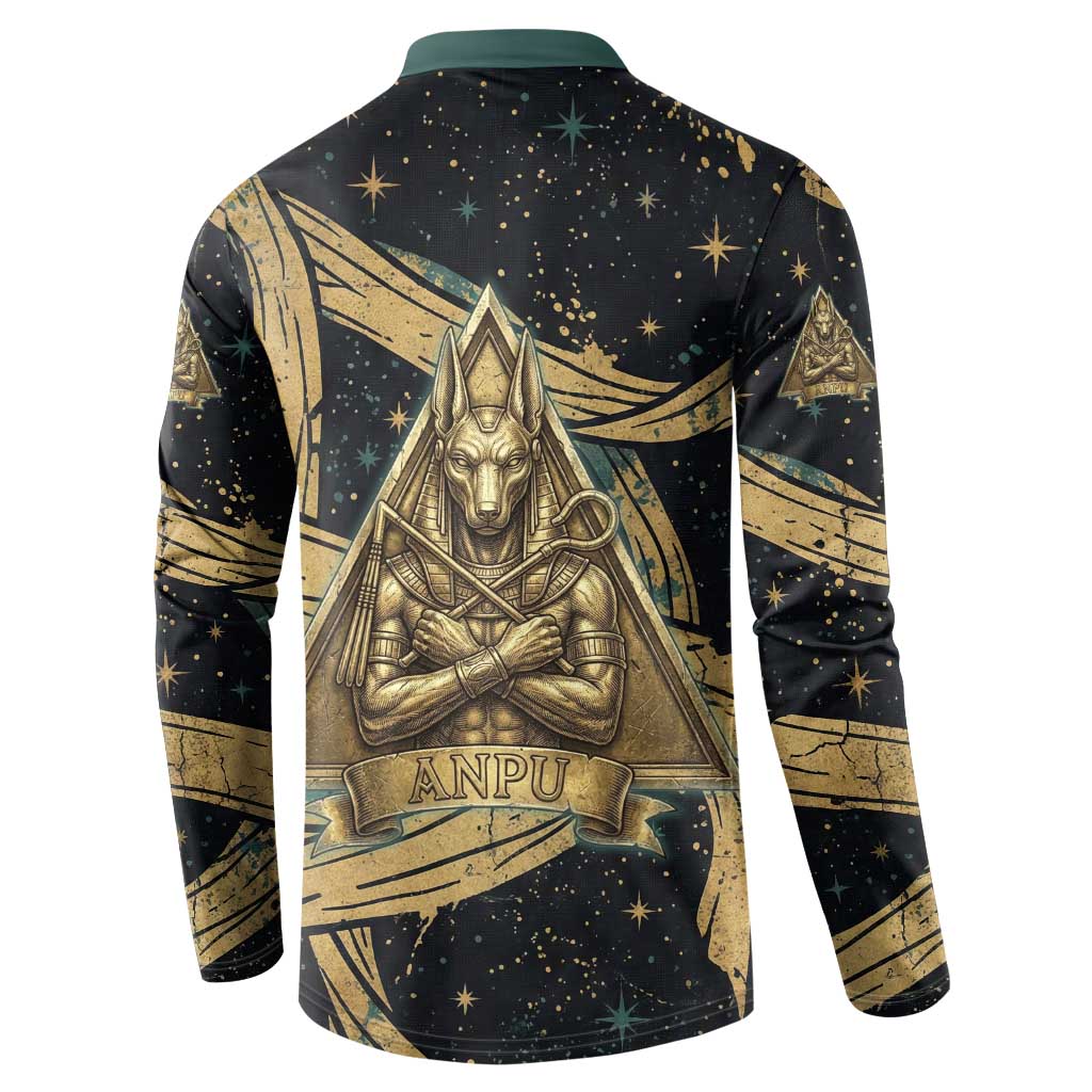 Anubis Ancient Egyptian Button Sweatshirt with Starry Mummy Wrap Pattern, Anubis Warrior Illustration, and Pyramid