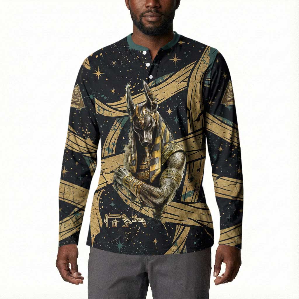 Anubis Ancient Egyptian Button Sweatshirt with Starry Mummy Wrap Pattern, Anubis Warrior Illustration, and Pyramid
