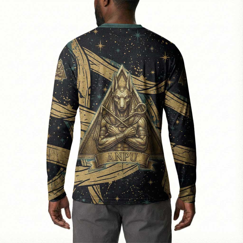 Anubis Ancient Egyptian Button Sweatshirt with Starry Mummy Wrap Pattern, Anubis Warrior Illustration, and Pyramid