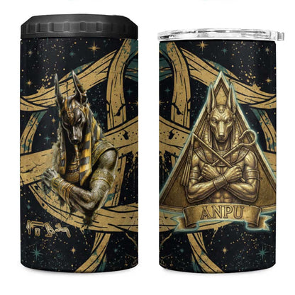 Anubis Ancient Egyptian 4 in 1 Can Cooler Tumbler with Starry Mummy Wrap Pattern, Anubis Warrior Illustration, and Pyramid - African Pride