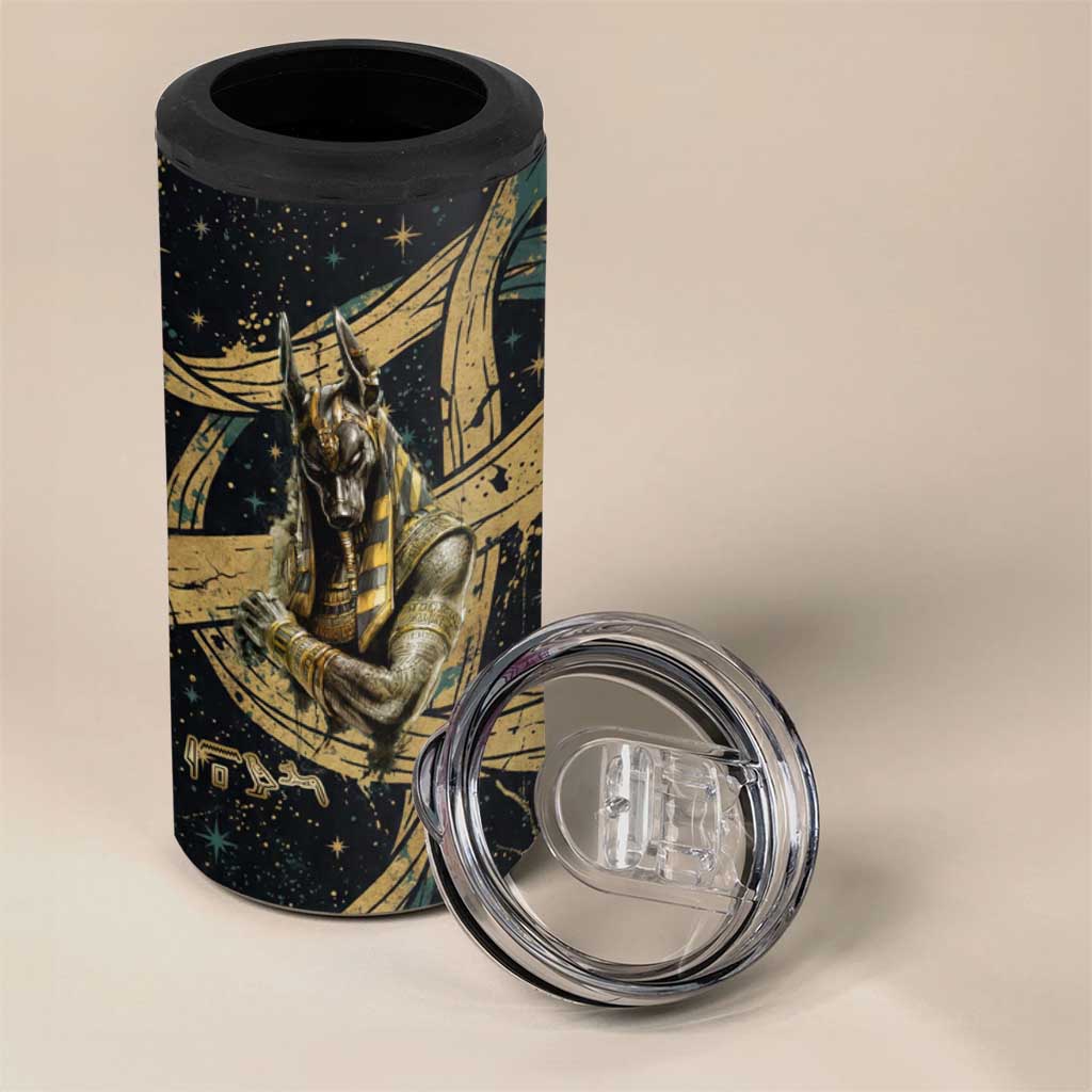 Anubis Ancient Egyptian 4 in 1 Can Cooler Tumbler with Starry Mummy Wrap Pattern, Anubis Warrior Illustration, and Pyramid - African Pride