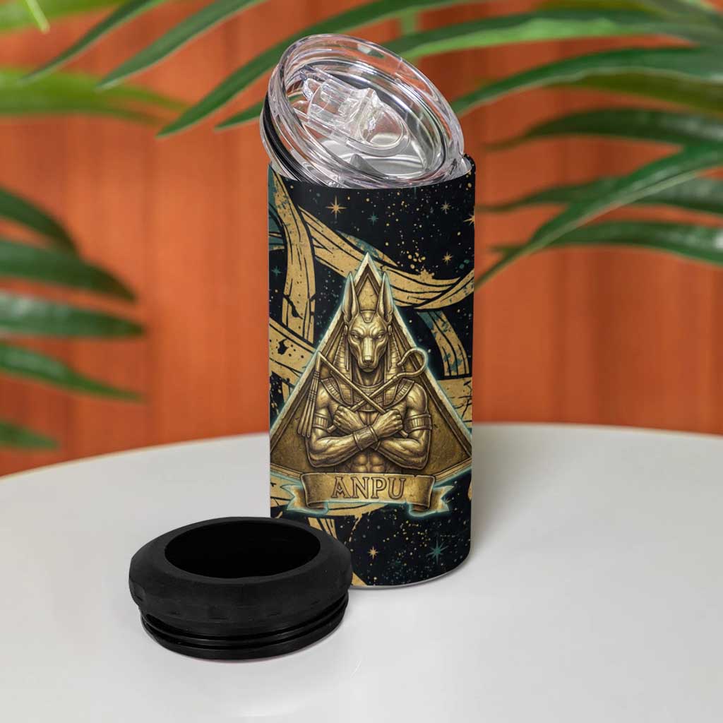 Anubis Ancient Egyptian 4 in 1 Can Cooler Tumbler with Starry Mummy Wrap Pattern, Anubis Warrior Illustration, and Pyramid - African Pride