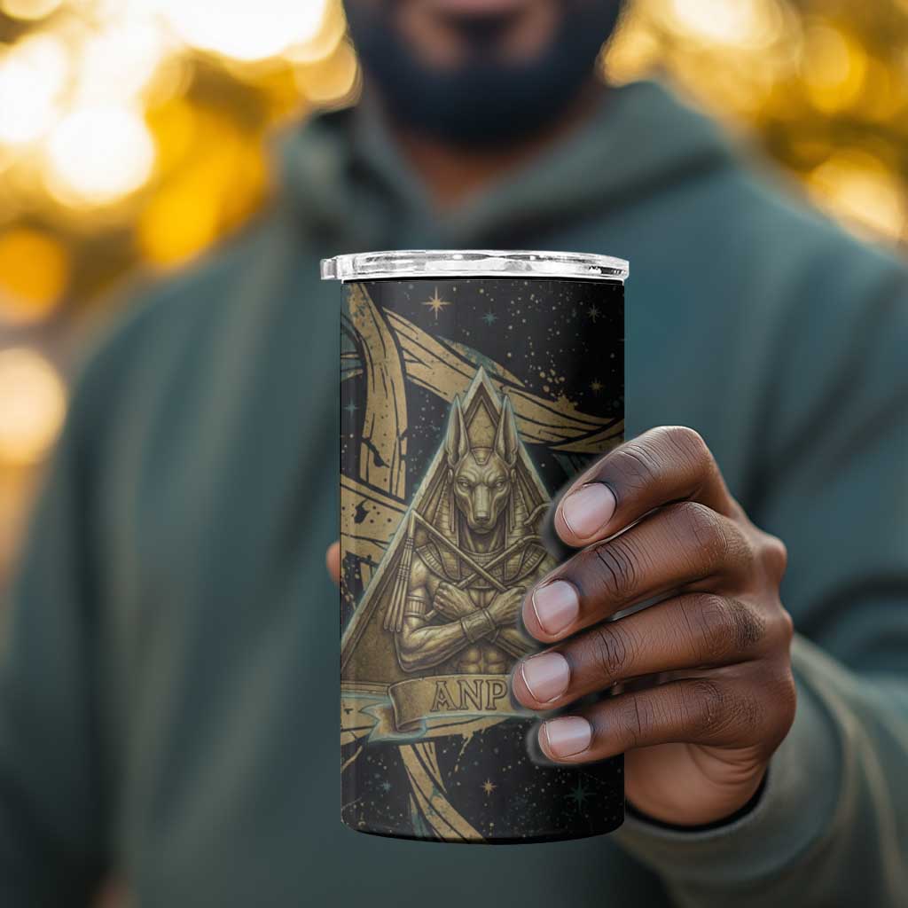 Anubis Ancient Egyptian 4 in 1 Can Cooler Tumbler with Starry Mummy Wrap Pattern, Anubis Warrior Illustration, and Pyramid - African Pride
