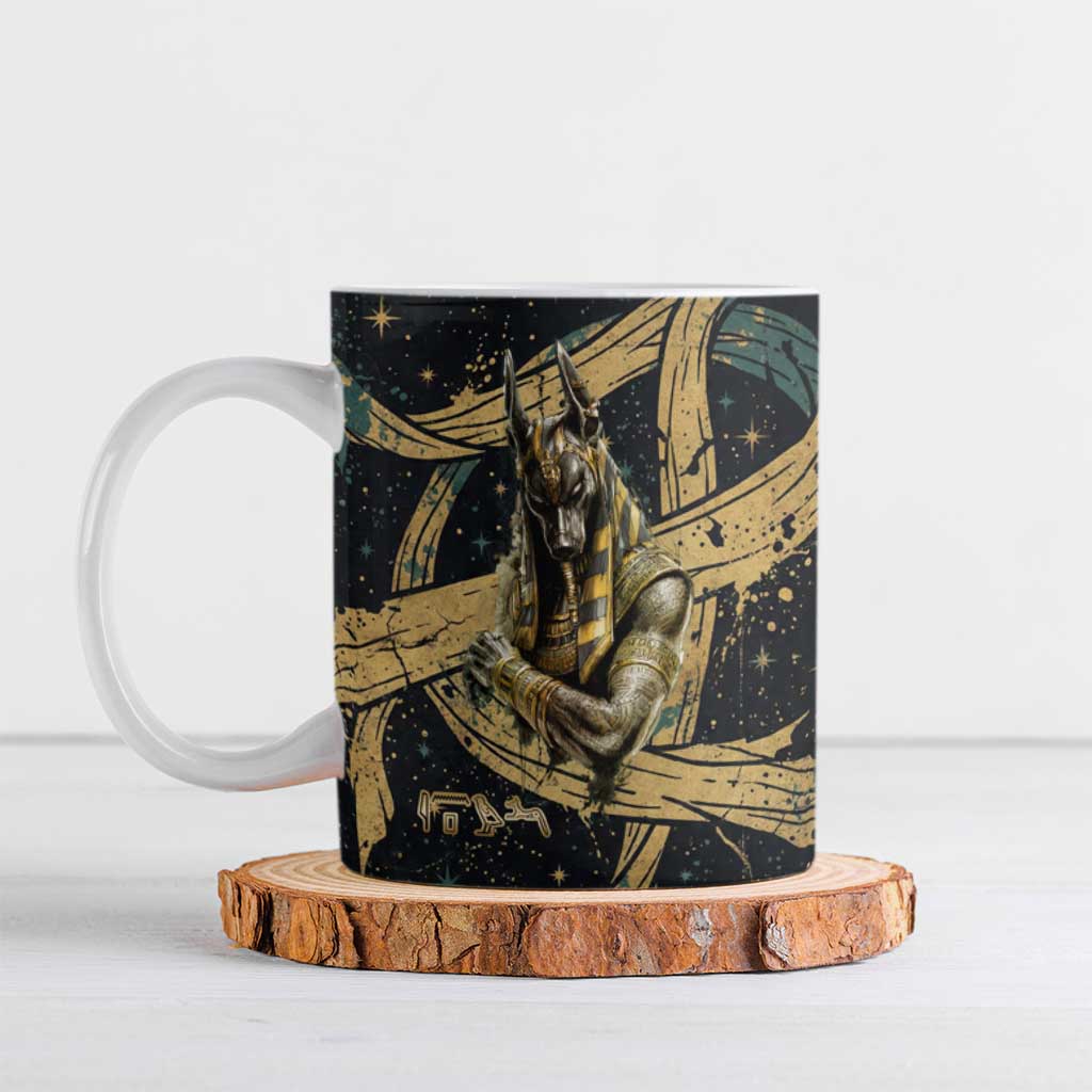 Anubis Ancient Egyptian Ceramic Mug with Starry Mummy Wrap Pattern, Anubis Warrior Illustration, and Pyramid - African Pride
