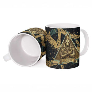 Anubis Ancient Egyptian Ceramic Mug with Starry Mummy Wrap Pattern, Anubis Warrior Illustration, and Pyramid - African Pride