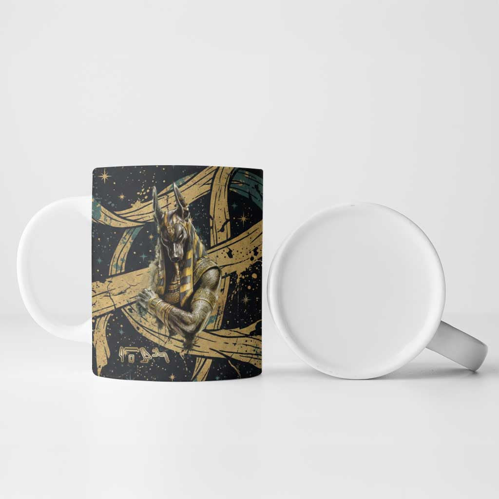 Anubis Ancient Egyptian Ceramic Mug with Starry Mummy Wrap Pattern, Anubis Warrior Illustration, and Pyramid - African Pride