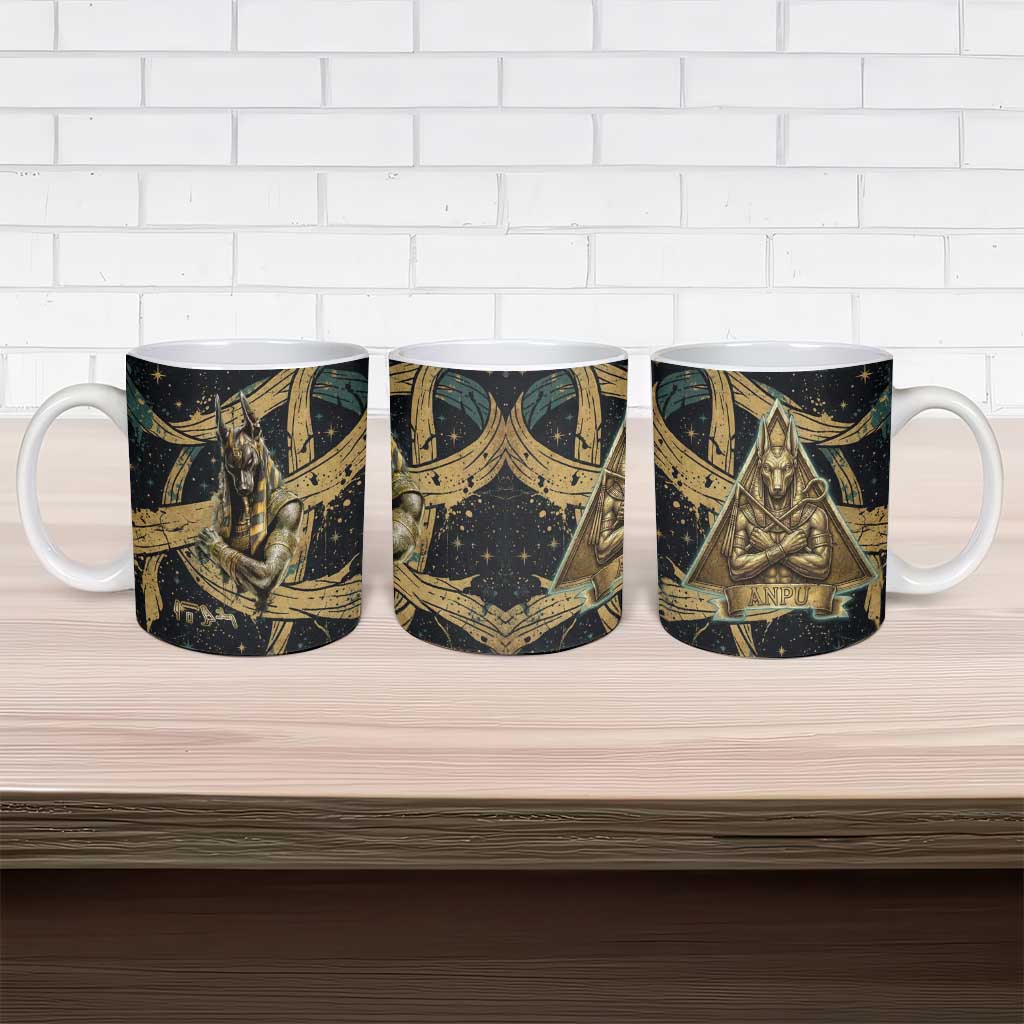 Anubis Ancient Egyptian Ceramic Mug with Starry Mummy Wrap Pattern, Anubis Warrior Illustration, and Pyramid - African Pride