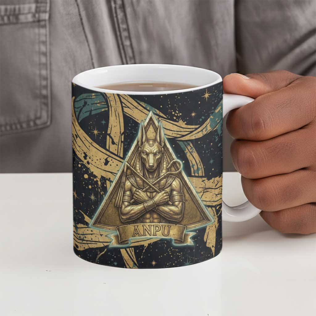 Anubis Ancient Egyptian Ceramic Mug with Starry Mummy Wrap Pattern, Anubis Warrior Illustration, and Pyramid - African Pride
