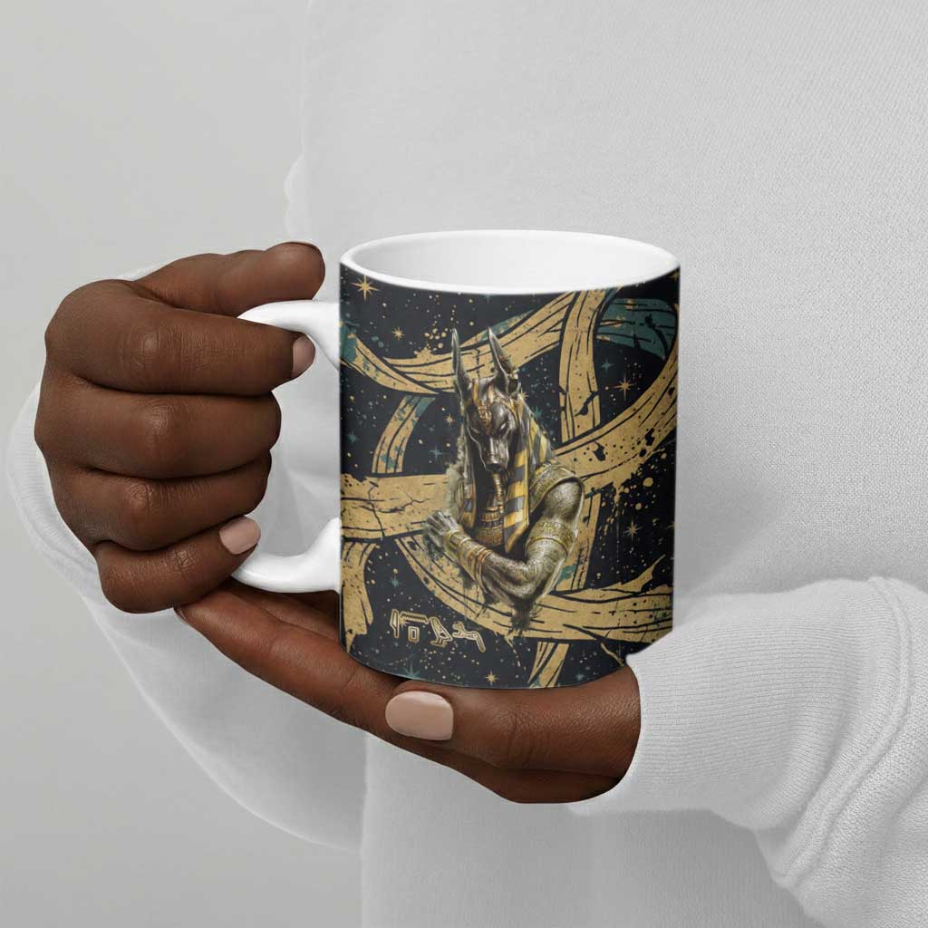 Anubis Ancient Egyptian Ceramic Mug with Starry Mummy Wrap Pattern, Anubis Warrior Illustration, and Pyramid - African Pride