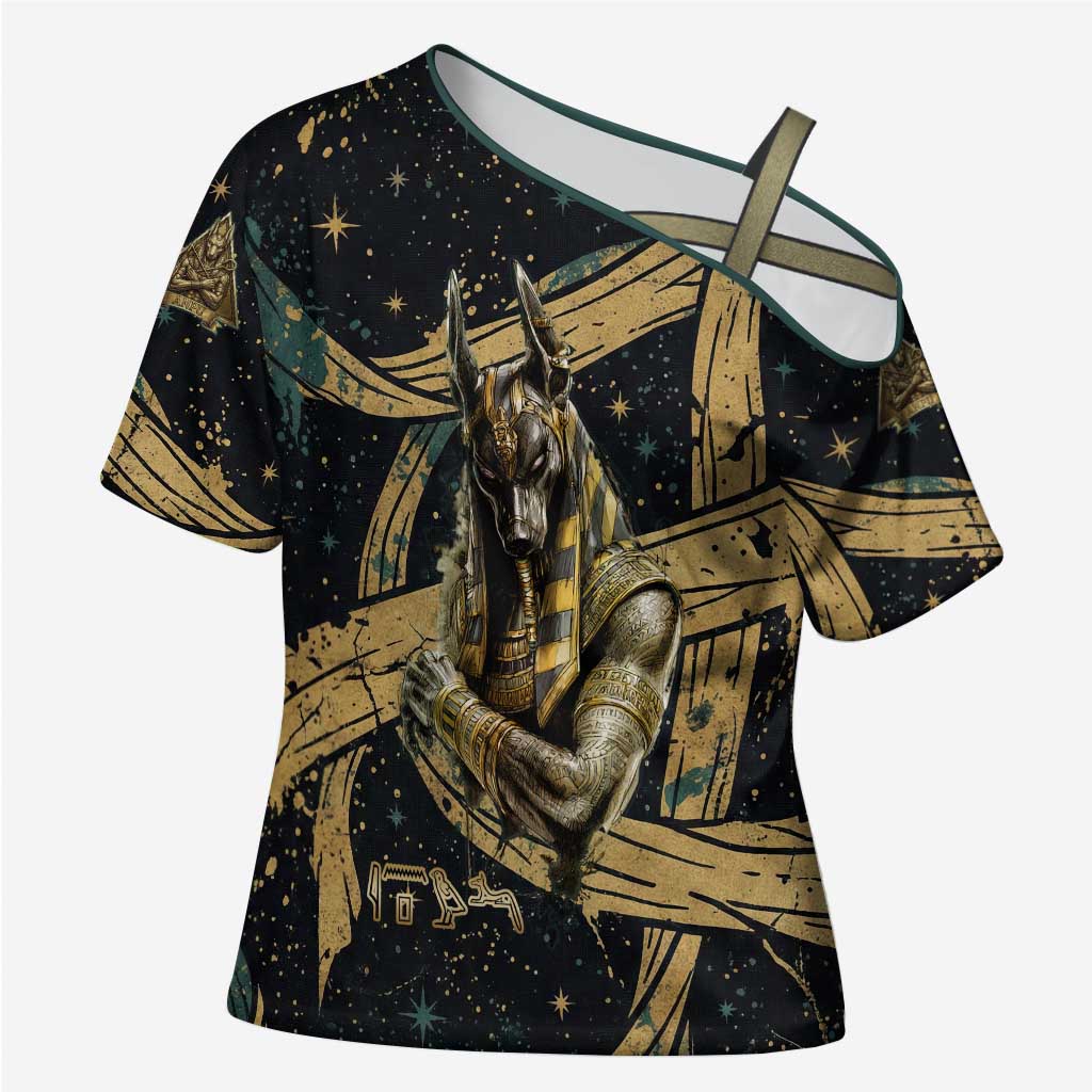 Anubis Ancient Egyptian Cross Shoulder Shirt with Starry Mummy Wrap Pattern, Anubis Warrior Illustration, and Pyramid - African Pride