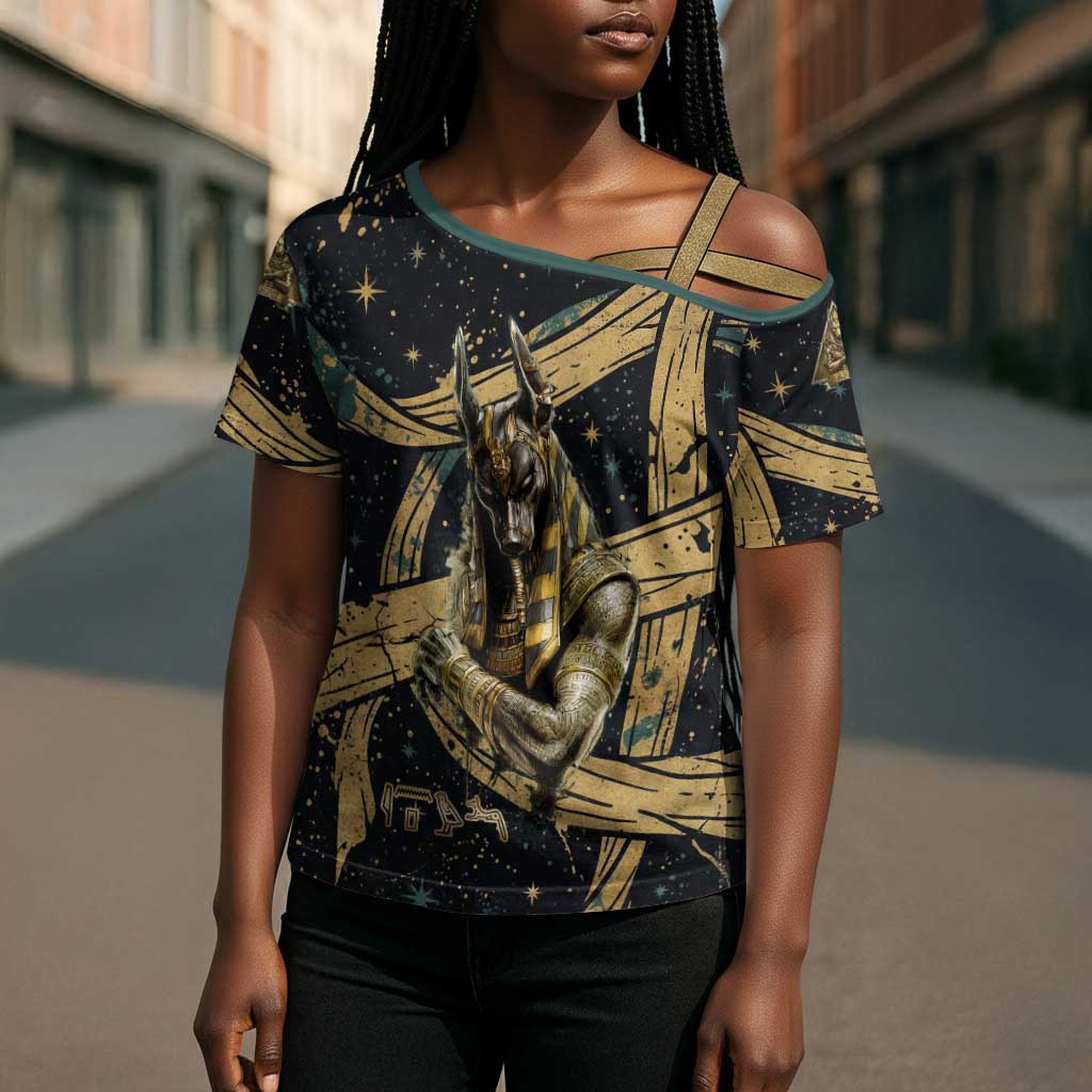 Anubis Ancient Egyptian Cross Shoulder Shirt with Starry Mummy Wrap Pattern, Anubis Warrior Illustration, and Pyramid - African Pride