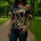 Anubis Ancient Egyptian Cross Shoulder Shirt with Starry Mummy Wrap Pattern, Anubis Warrior Illustration, and Pyramid - African Pride