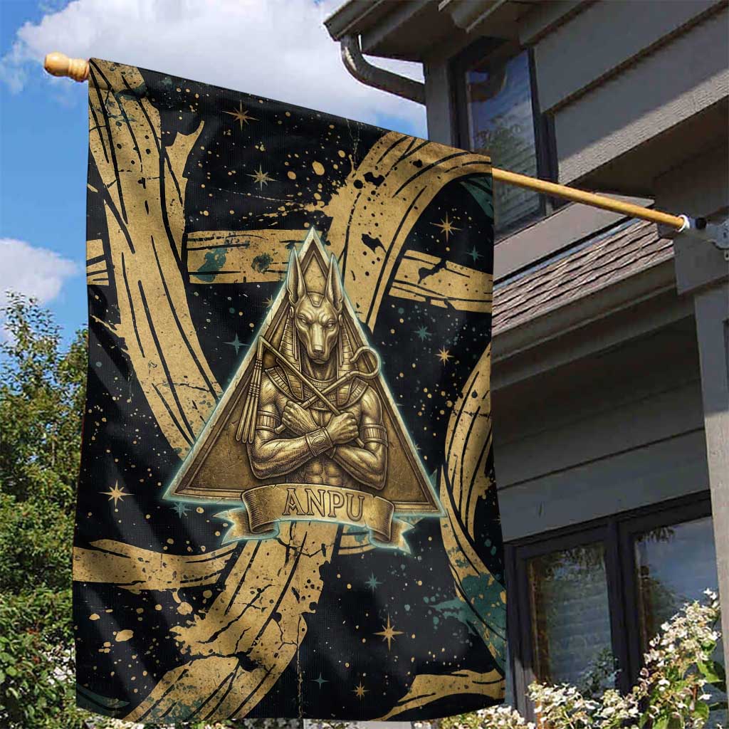 Anubis Ancient Egyptian Garden Flag with Starry Mummy Wrap Pattern, Anubis Warrior Illustration, and Pyramid - African Pride