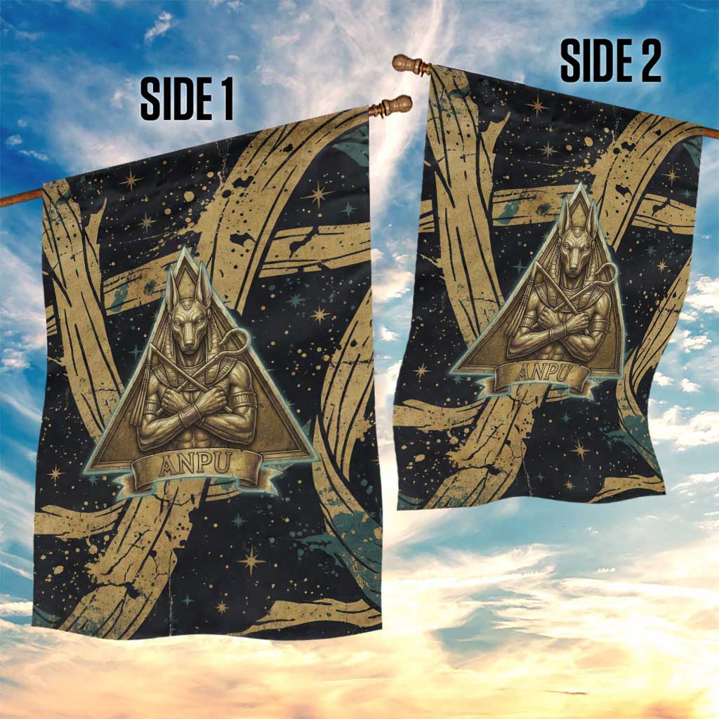 Anubis Ancient Egyptian Garden Flag with Starry Mummy Wrap Pattern, Anubis Warrior Illustration, and Pyramid - African Pride