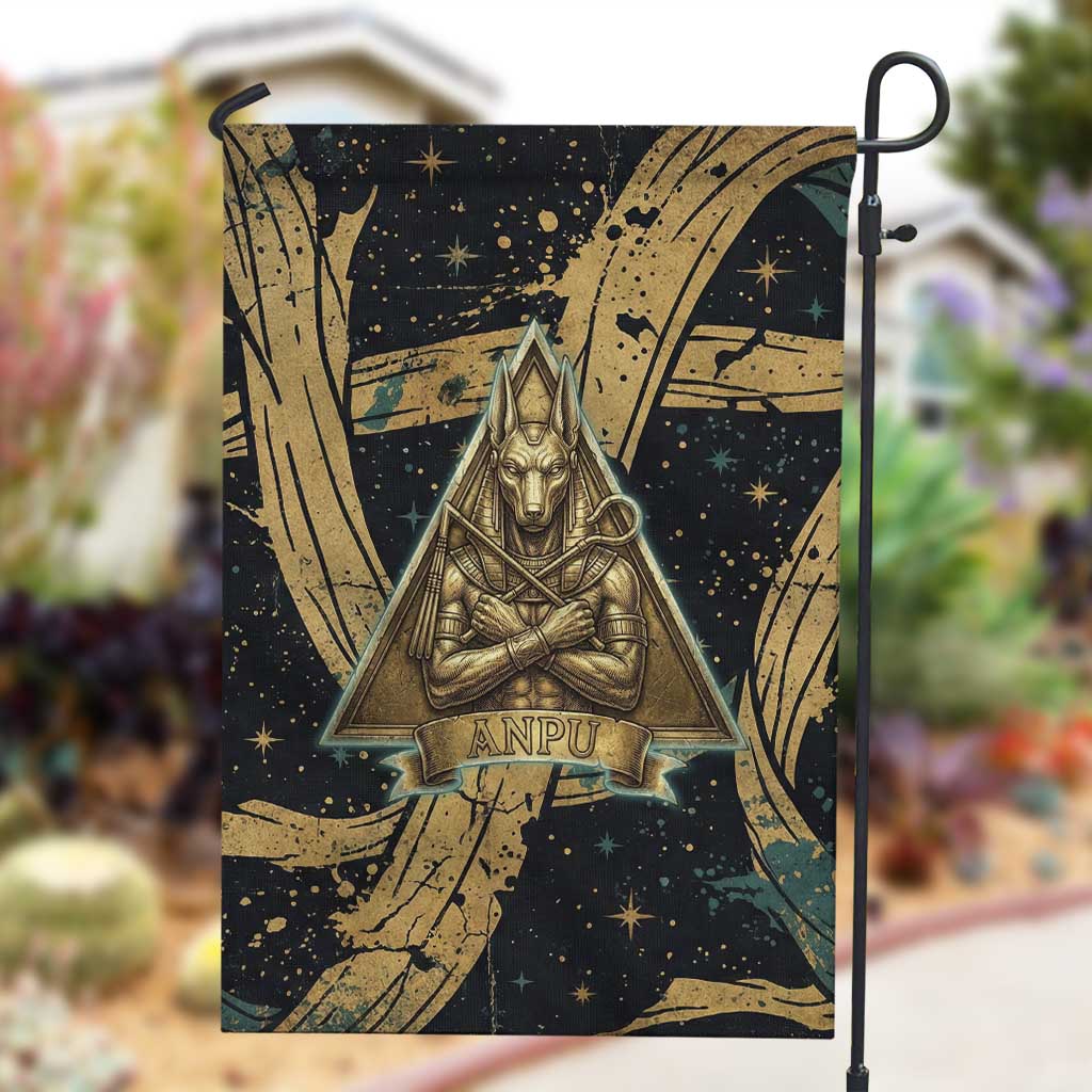 Anubis Ancient Egyptian Garden Flag with Starry Mummy Wrap Pattern, Anubis Warrior Illustration, and Pyramid - African Pride