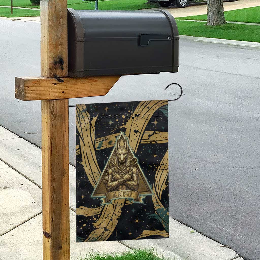 Anubis Ancient Egyptian Garden Flag with Starry Mummy Wrap Pattern, Anubis Warrior Illustration, and Pyramid - African Pride