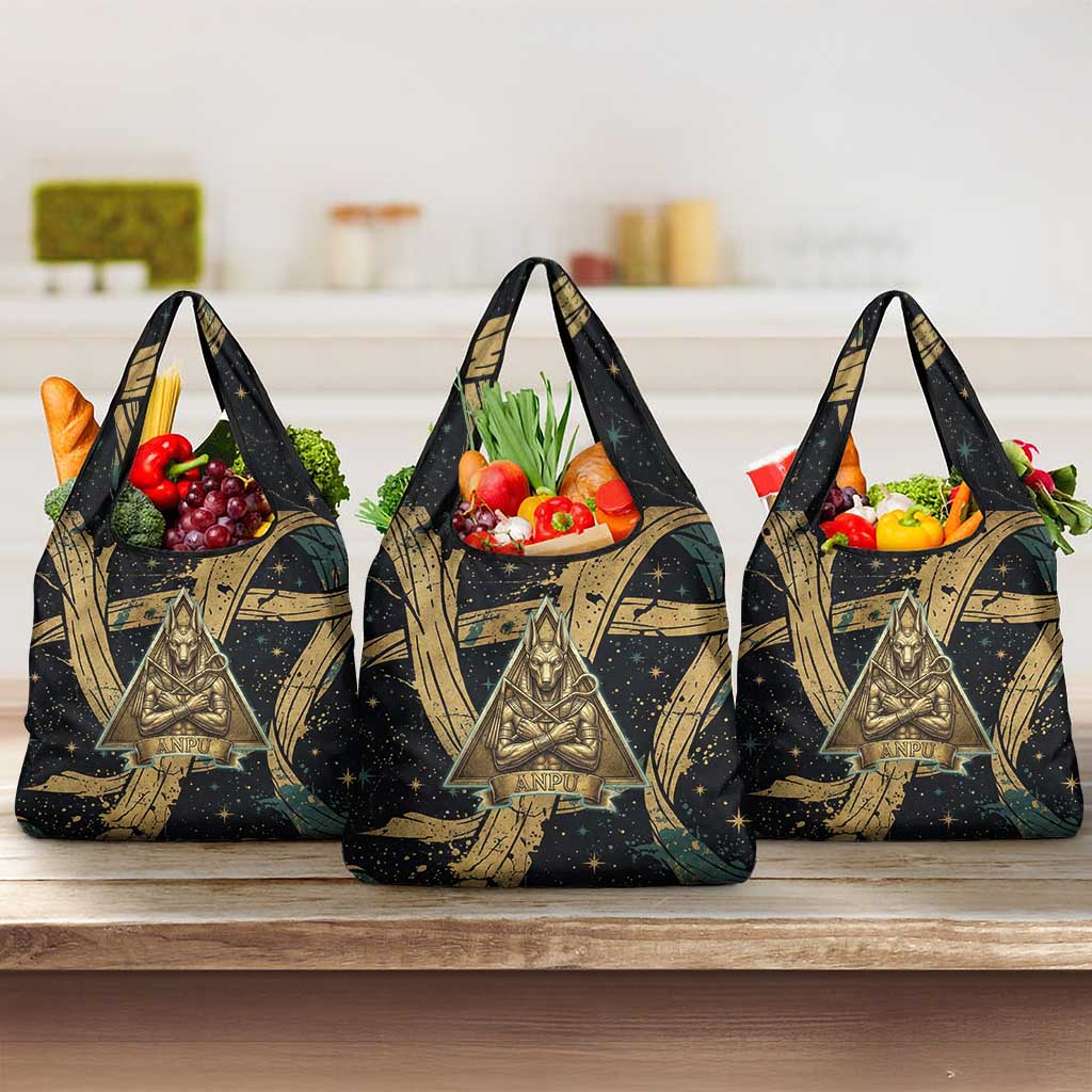 Anubis Ancient Egyptian Grocery Bag with Starry Mummy Wrap Pattern, Anubis Warrior Illustration, and Pyramid - African Pride