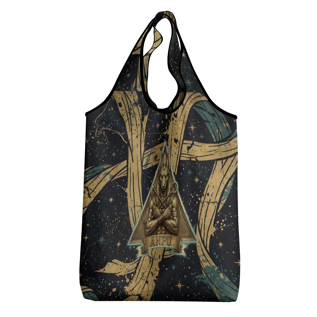 Anubis Ancient Egyptian Grocery Bag with Starry Mummy Wrap Pattern, Anubis Warrior Illustration, and Pyramid - African Pride