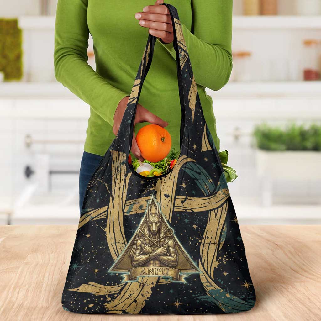 Anubis Ancient Egyptian Grocery Bag with Starry Mummy Wrap Pattern, Anubis Warrior Illustration, and Pyramid - African Pride
