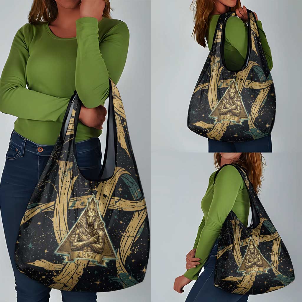 Anubis Ancient Egyptian Grocery Bag with Starry Mummy Wrap Pattern, Anubis Warrior Illustration, and Pyramid - African Pride