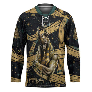Anubis Ancient Egyptian Hockey Jersey with Starry Mummy Wrap Pattern, Anubis Warrior Illustration, and Pyramid - African Pride