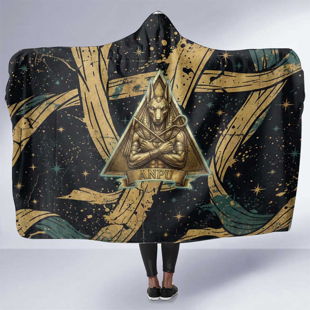 Anubis Ancient Egyptian Hooded Blanket with Starry Mummy Wrap Pattern, Anubis Warrior Illustration, and Pyramid - African Pride