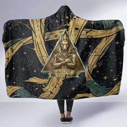 Anubis Ancient Egyptian Hooded Blanket with Starry Mummy Wrap Pattern, Anubis Warrior Illustration, and Pyramid - African Pride
