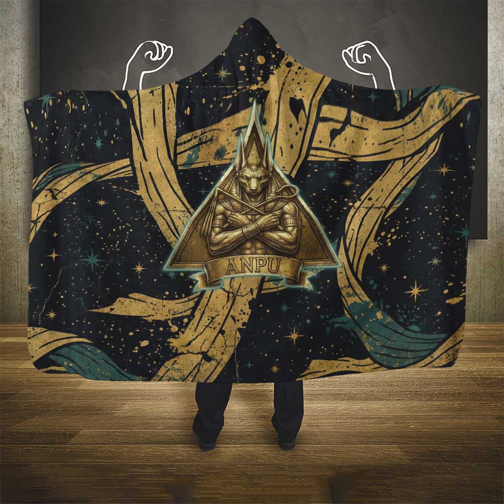 Anubis Ancient Egyptian Hooded Blanket with Starry Mummy Wrap Pattern, Anubis Warrior Illustration, and Pyramid - African Pride