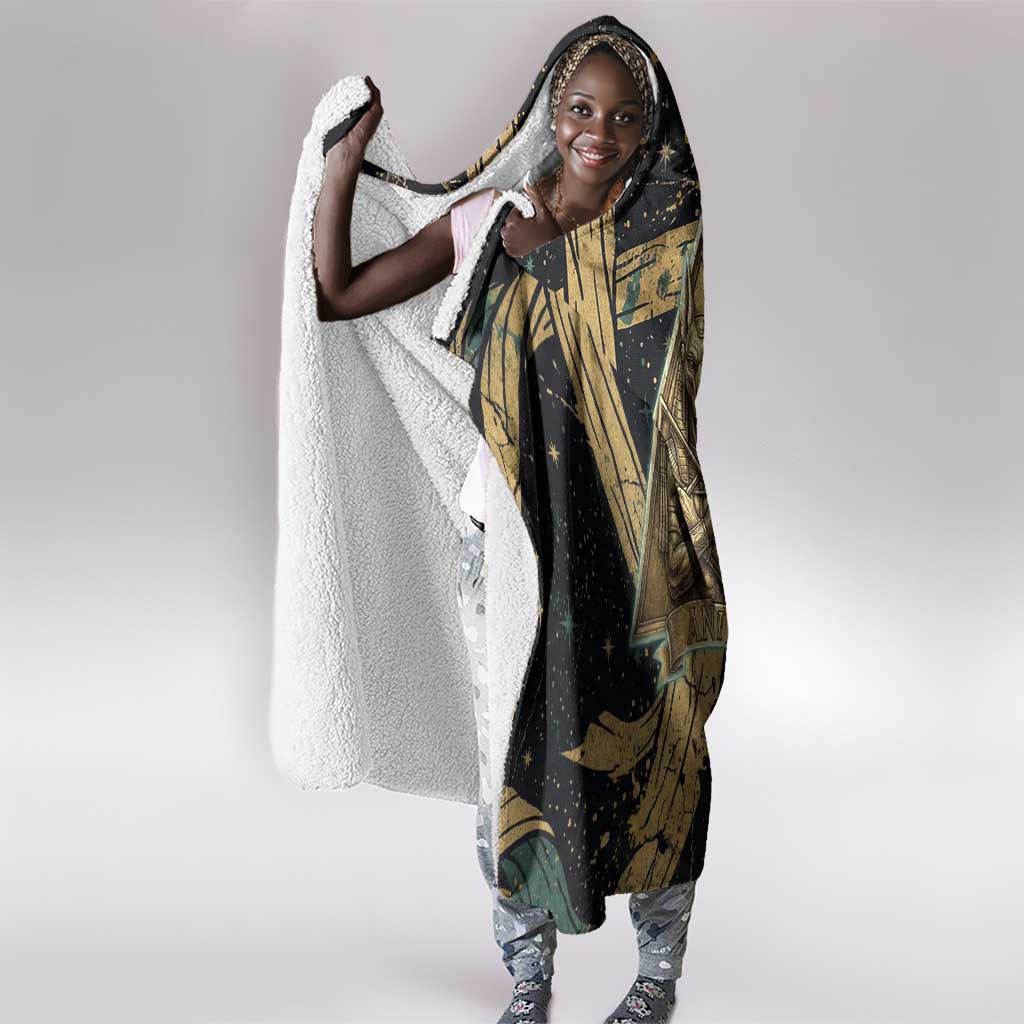 Anubis Ancient Egyptian Hooded Blanket with Starry Mummy Wrap Pattern, Anubis Warrior Illustration, and Pyramid - African Pride